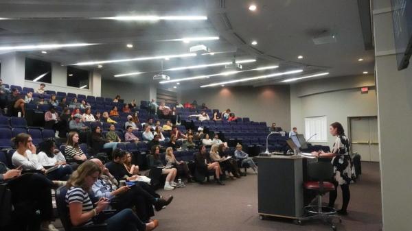 Jennifer Carlson speaks at an Open Dialogue event, as photographed on Oct. 10, 2023. (Hustler Multimedia/Lana English)