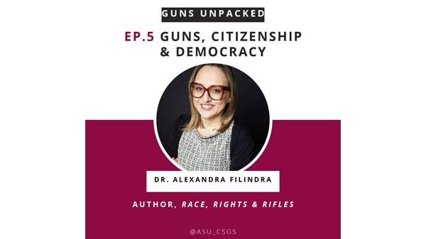 Cover of Guns Unpacked Podcast with episode title and name and picture of the guest, Dr. Alexandra Filindra